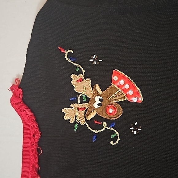 Tiara Reindeer Holiday Zip Sweater sz 1X Red Trim Black Reindeer with bells - Picture 5 of 11